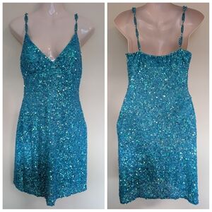 Vintage Scala Sequined Silk Dress Blue Small